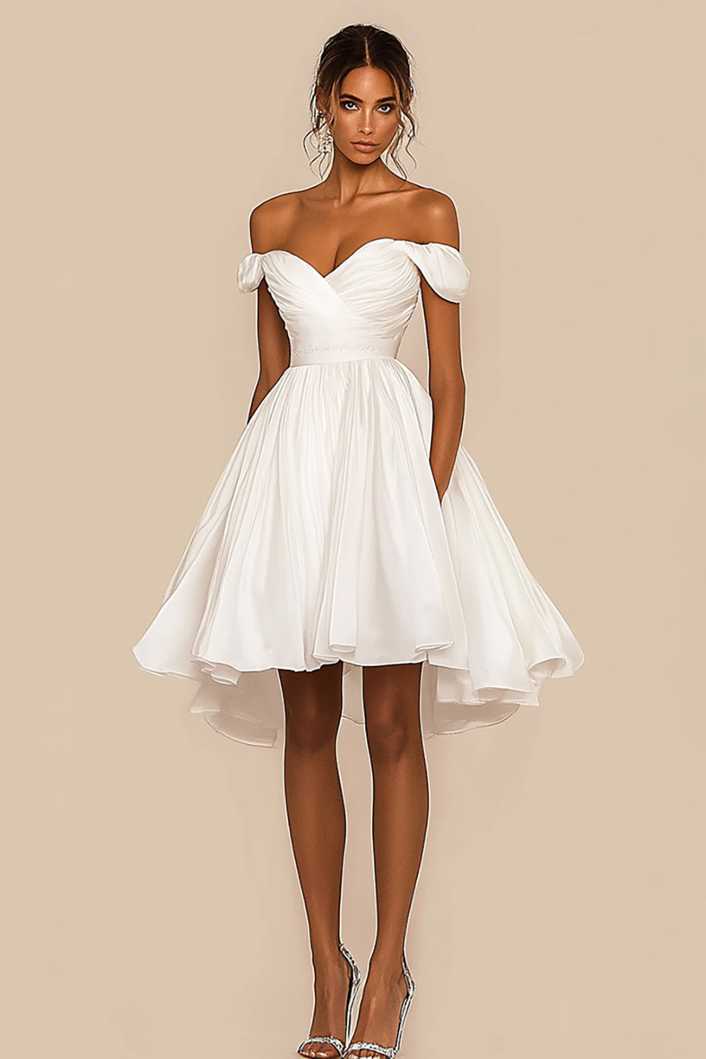 Off The Shoulder White A Line Ruched Graduation Dress