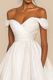 Off The Shoulder White A Line Ruched Graduation Dress