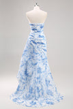 White Blue Flower Mermaid Strapless Ruched Long Prom Dress