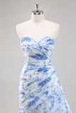 White Blue Flower Mermaid Strapless Ruched Long Prom Dress