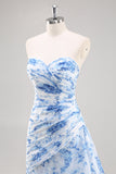 White Blue Flower Mermaid Strapless Ruched Long Prom Dress