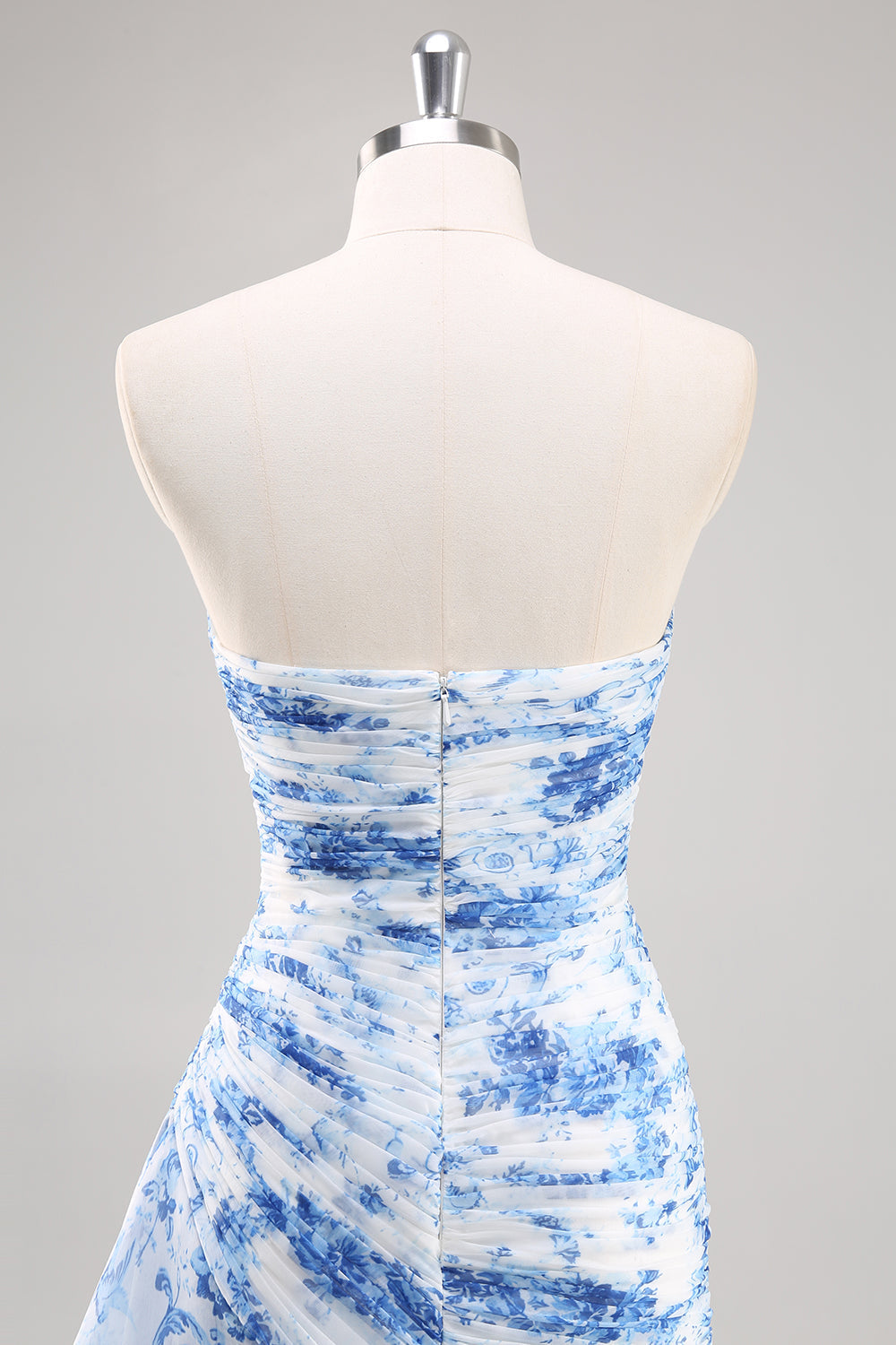 White Blue Flower Mermaid Strapless Ruched Long Prom Dress