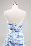 White Blue Flower Mermaid Strapless Ruched Long Prom Dress