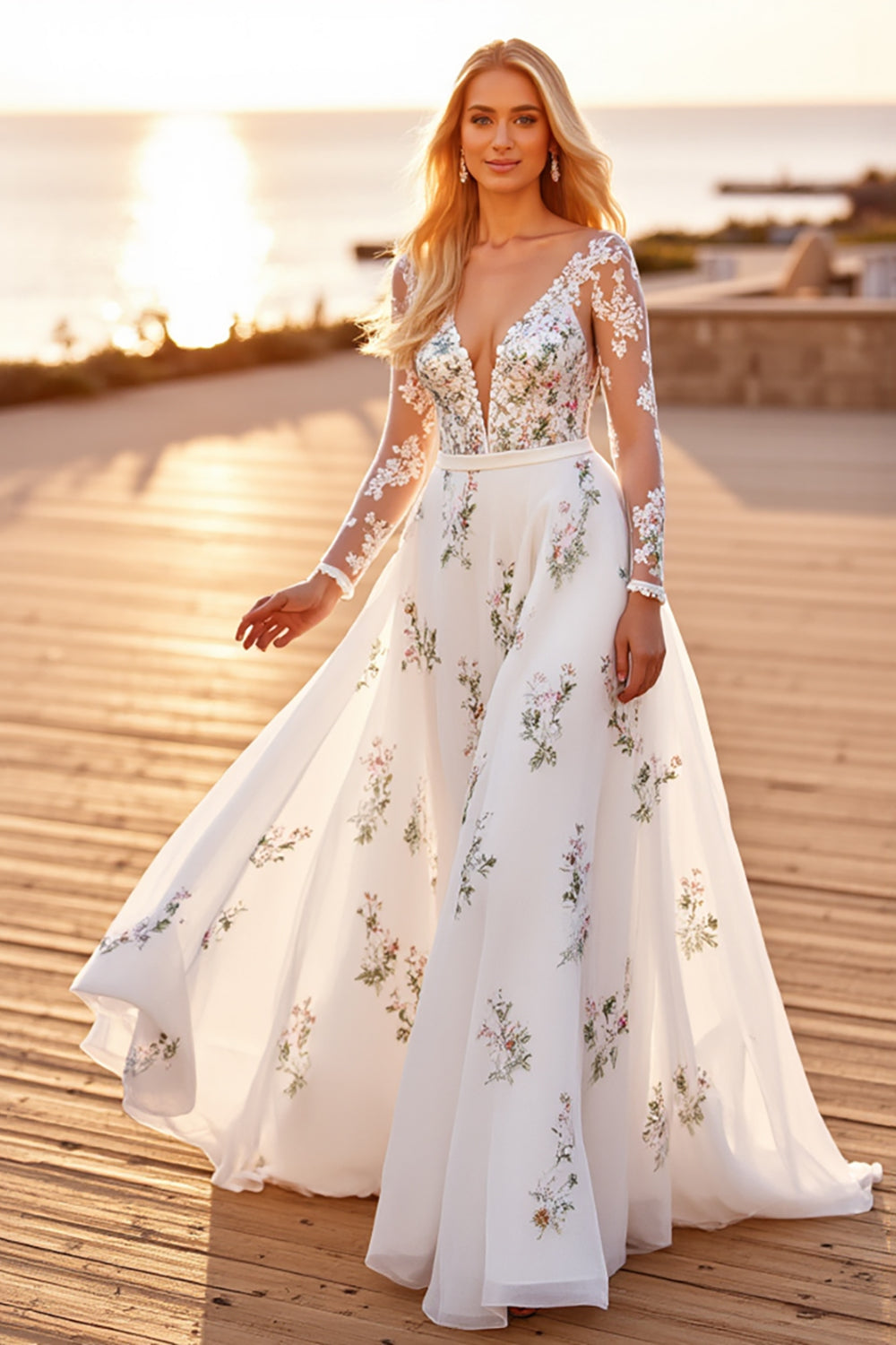 A Line Long Sleeves Appliqued White Wedding Dress