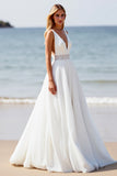 White Chiffon A Line Boho Sweep Train Wedding Dress with Slit
