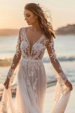 White Tulle Boho Sweep Train Wedding Dress with Appliques
