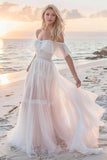 White A Line Tulle Boho Sweep Train Wedding Dress with Lace