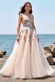 Blush Tulle A Line Boho Floor Length Embroidered Wedding Dress