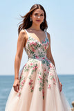 Blush Tulle A Line Boho Floor Length Embroidered Wedding Dress
