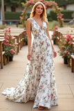 White V Neck A Line Sweep Train Floral Wedding Dress