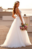 White V-Neck A Line Boho Sweep Train Wedding Dress with Lace