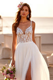 White V-Neck A Line Boho Sweep Train Wedding Dress with Lace