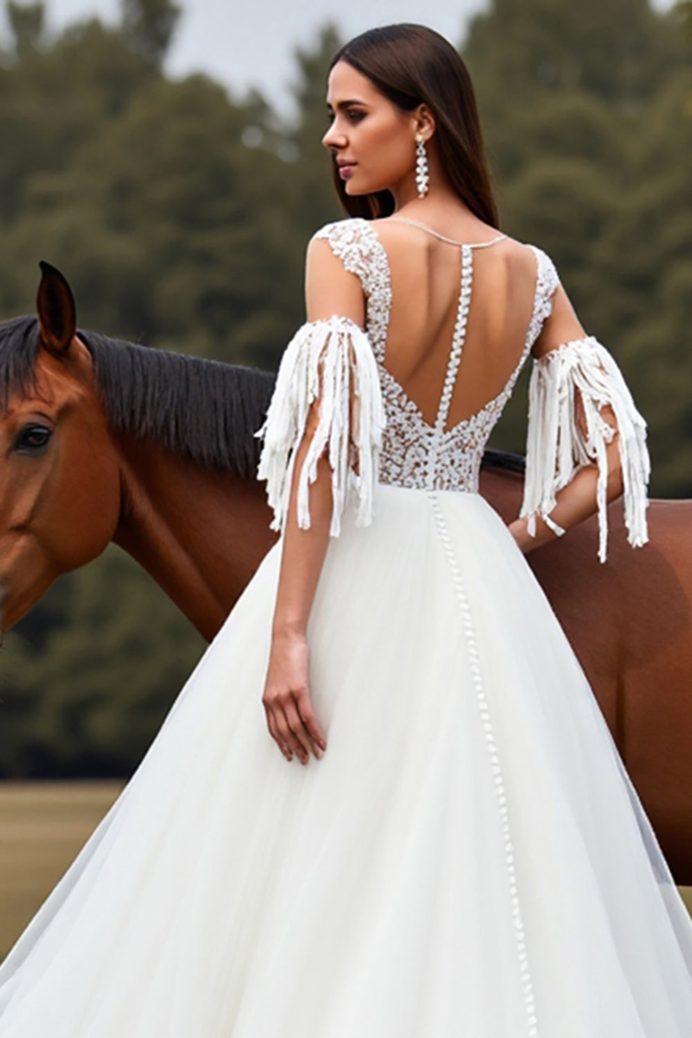 White A Line Tulle Boho Sweep Train Wedding Dress with Lace