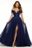 Off The Shoulder Navy A Line Prom Dress With Slit