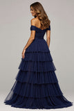 Navy Off The Shoulder Tiered Long Prom Dress With Slit