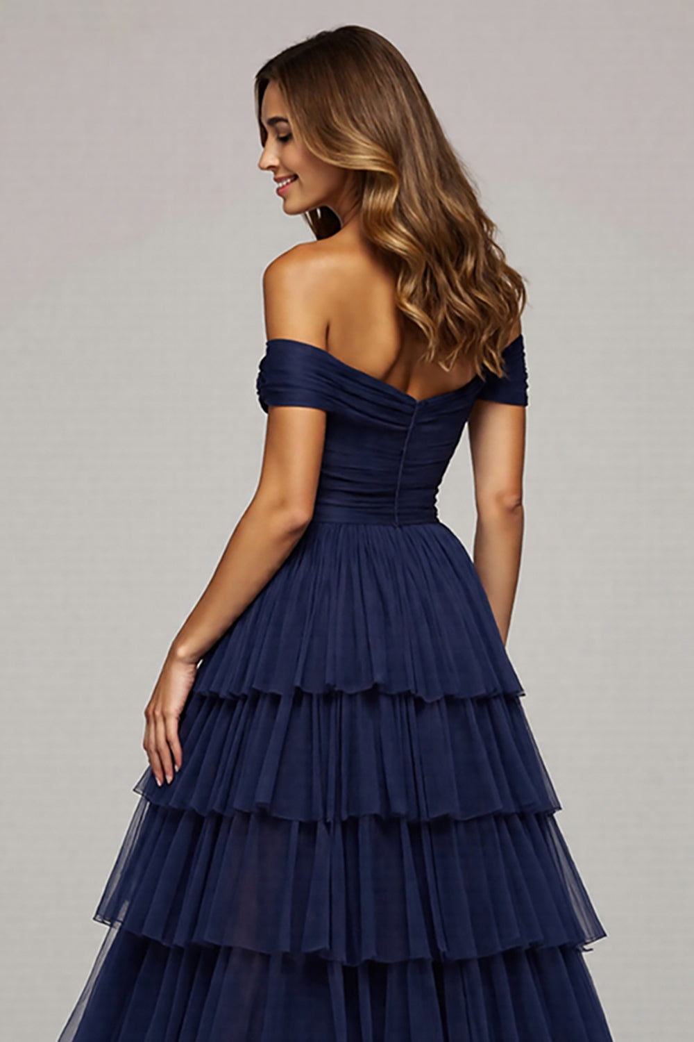 Navy Off The Shoulder Tiered Long Prom Dress With Slit
