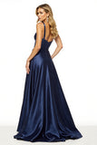 Navy A Line Spaghetti Straps Long Prom Dress With Slit
