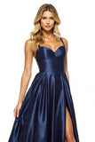 Navy A Line Spaghetti Straps Long Prom Dress With Slit