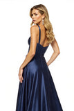Navy A Line Spaghetti Straps Long Prom Dress With Slit