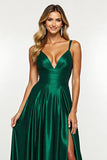 Dark Green A Line Long Prom Dress With Slit