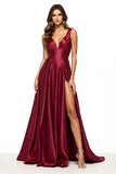 Burgundy A Line V Neck Prom Dress With Slit
