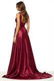 Burgundy A Line V Neck Prom Dress With Slit