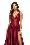 Burgundy A Line V Neck Prom Dress With Slit