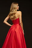 Red Sweetheart A Line Long Prom Dress With Slit