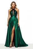 Halter Dark Green Long Prom Dress With Slit