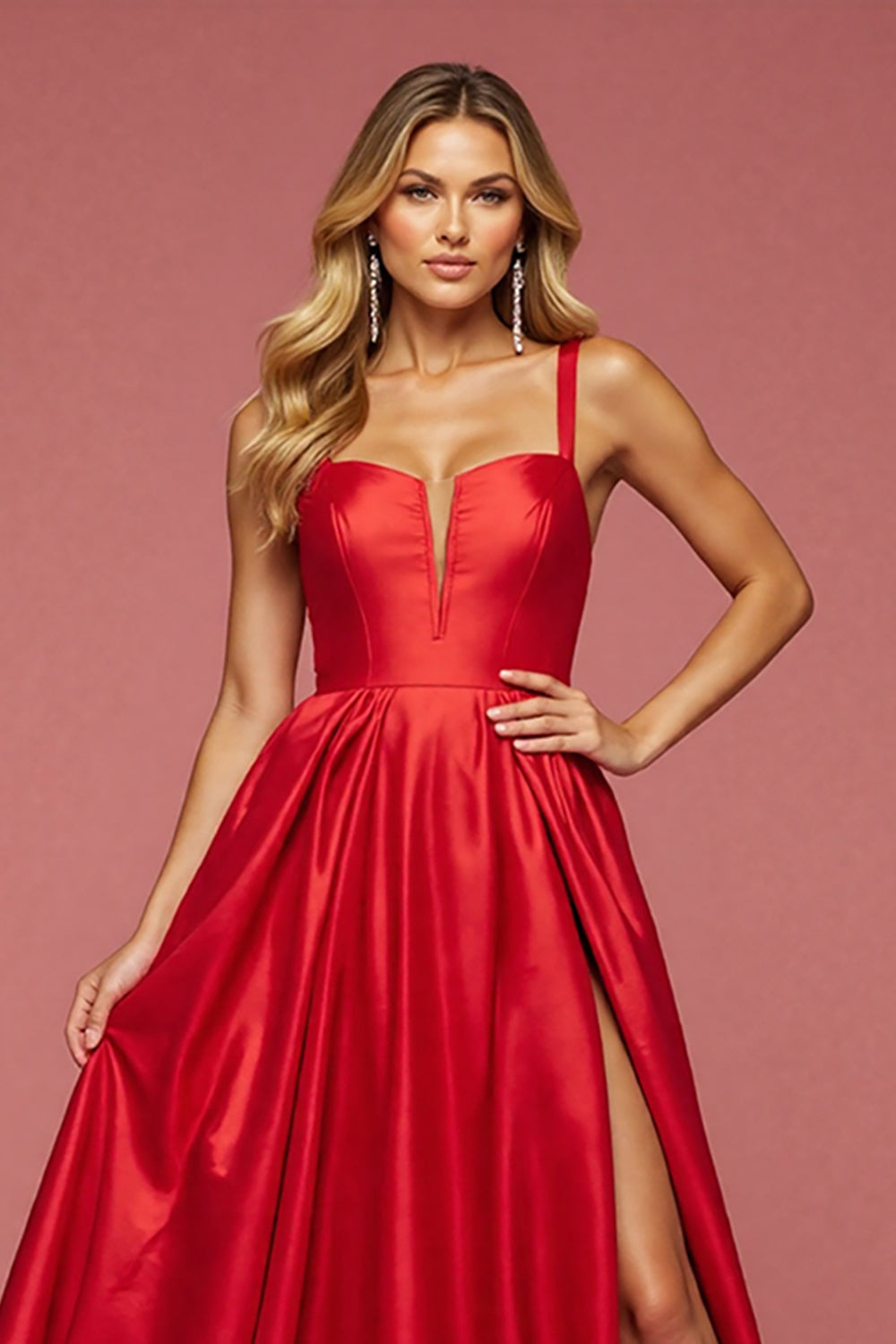 A Line Spaghetti Straps Long Red Prom Dress