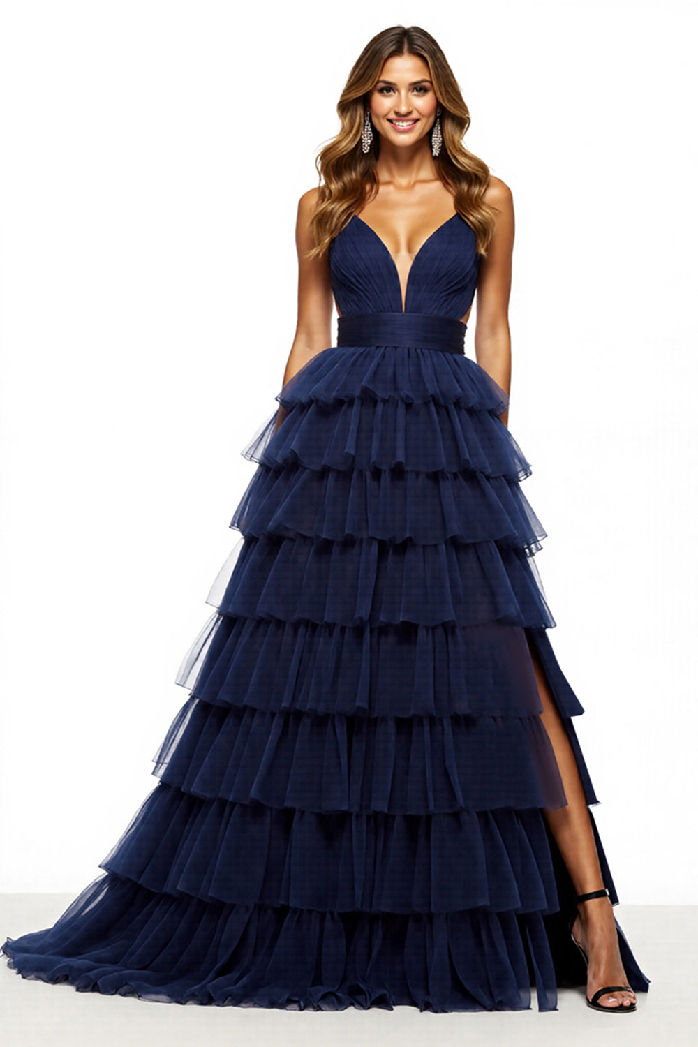Tiered A Line Long Navy Prom Dress