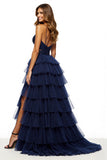 Tiered A Line Long Navy Prom Dress
