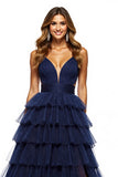 Tiered A Line Long Navy Prom Dress