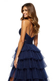 Tiered A Line Long Navy Prom Dress