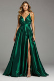 Dark Green A Line Pleated Long Prom Dress With Slit