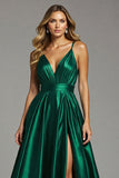Dark Green A Line Pleated Long Prom Dress With Slit