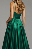 Dark Green A Line Pleated Long Prom Dress With Slit