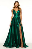 A Line V Neck Dark Green Long Prom Dress With Slit