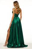 A Line V Neck Dark Green Long Prom Dress With Slit
