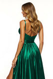 A Line V Neck Dark Green Long Prom Dress With Slit