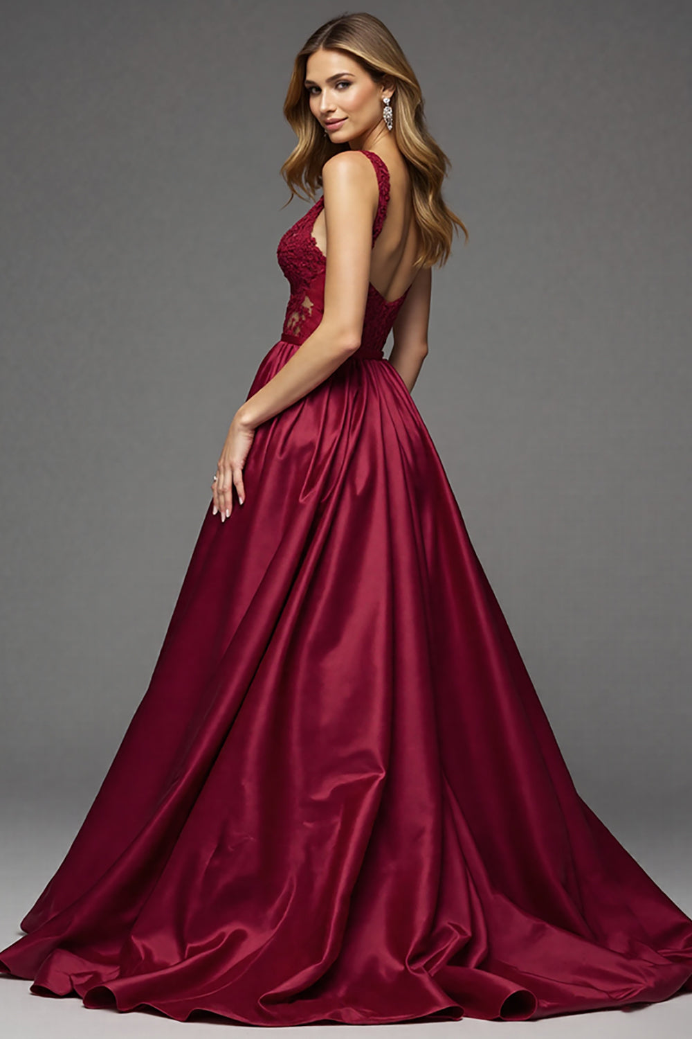 A Line Appliqued Long Burgundy Prom Dress With Slit