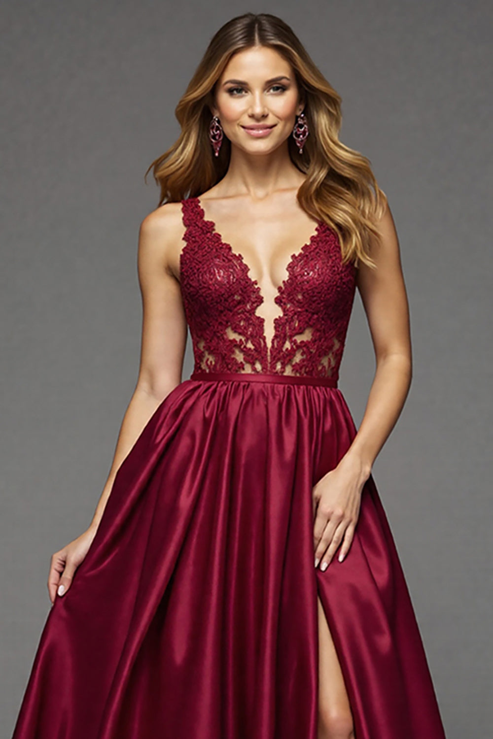 A Line Appliqued Long Burgundy Prom Dress With Slit
