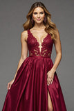 A Line Appliqued Long Burgundy Prom Dress With Slit