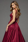 A Line Appliqued Long Burgundy Prom Dress With Slit