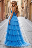 Sky Blue A Line Tiered Long Prom Dress