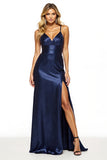 Sheath Navy Spaghetti Straps Long Prom Dress With Slit