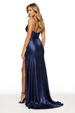 Sheath Navy Spaghetti Straps Long Prom Dress With Slit