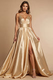 Golden A Line V Neck Long Prom Dress With Slit
