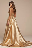 Golden A Line V Neck Long Prom Dress With Slit