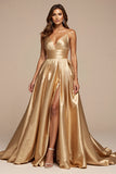 Golden A Line V Neck Long Prom Dress With Slit